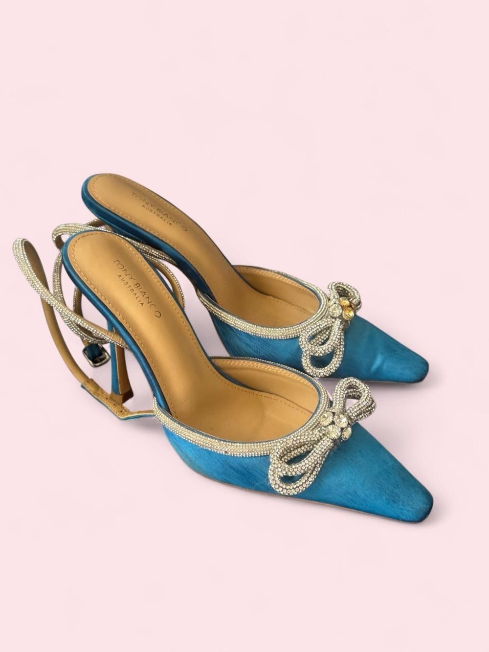 Tony Bianco Teal Rhinestone Bow Pointed Mules
